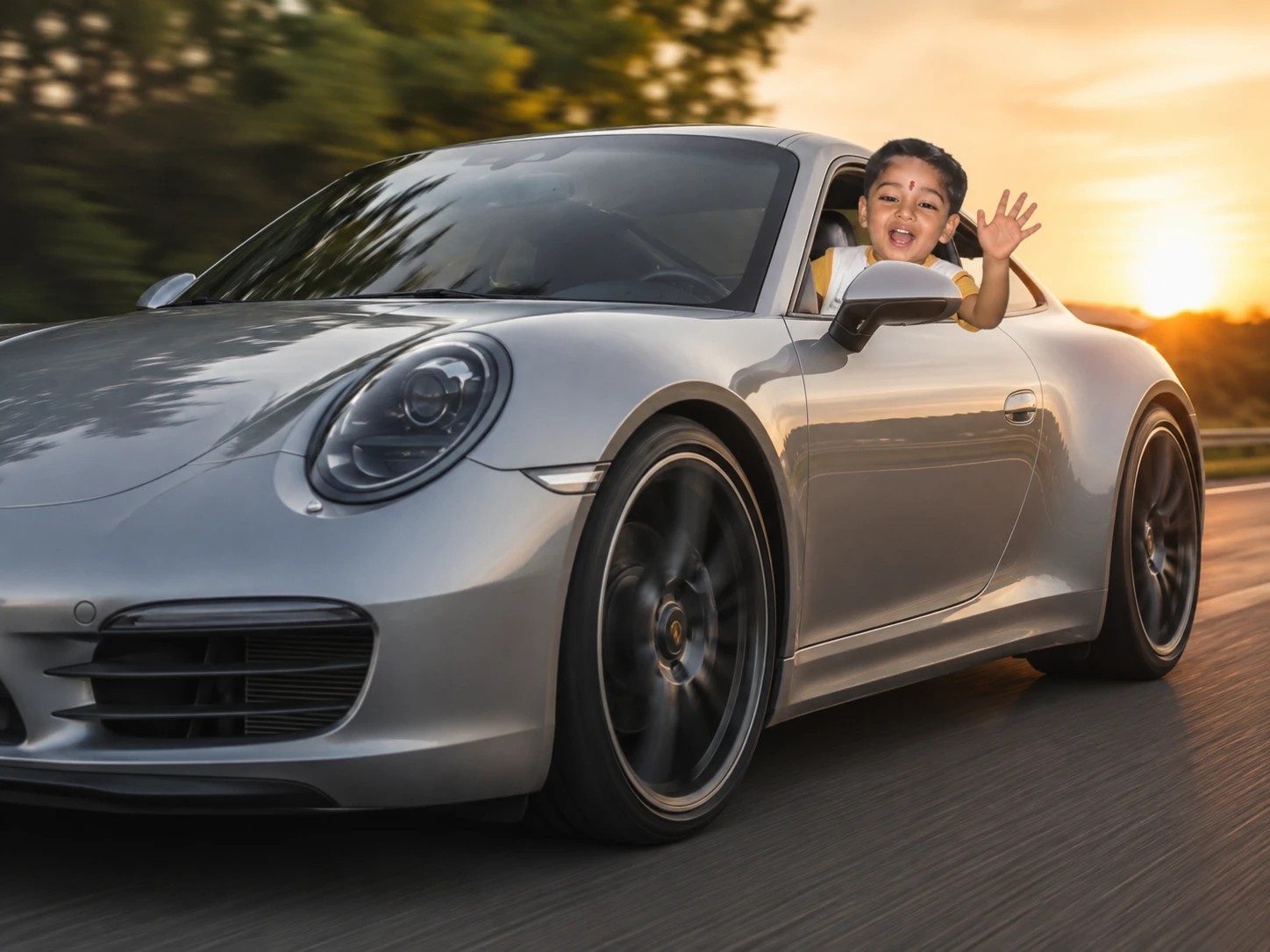 Me as a child, waving out of the window of a silver 911 at sunset.